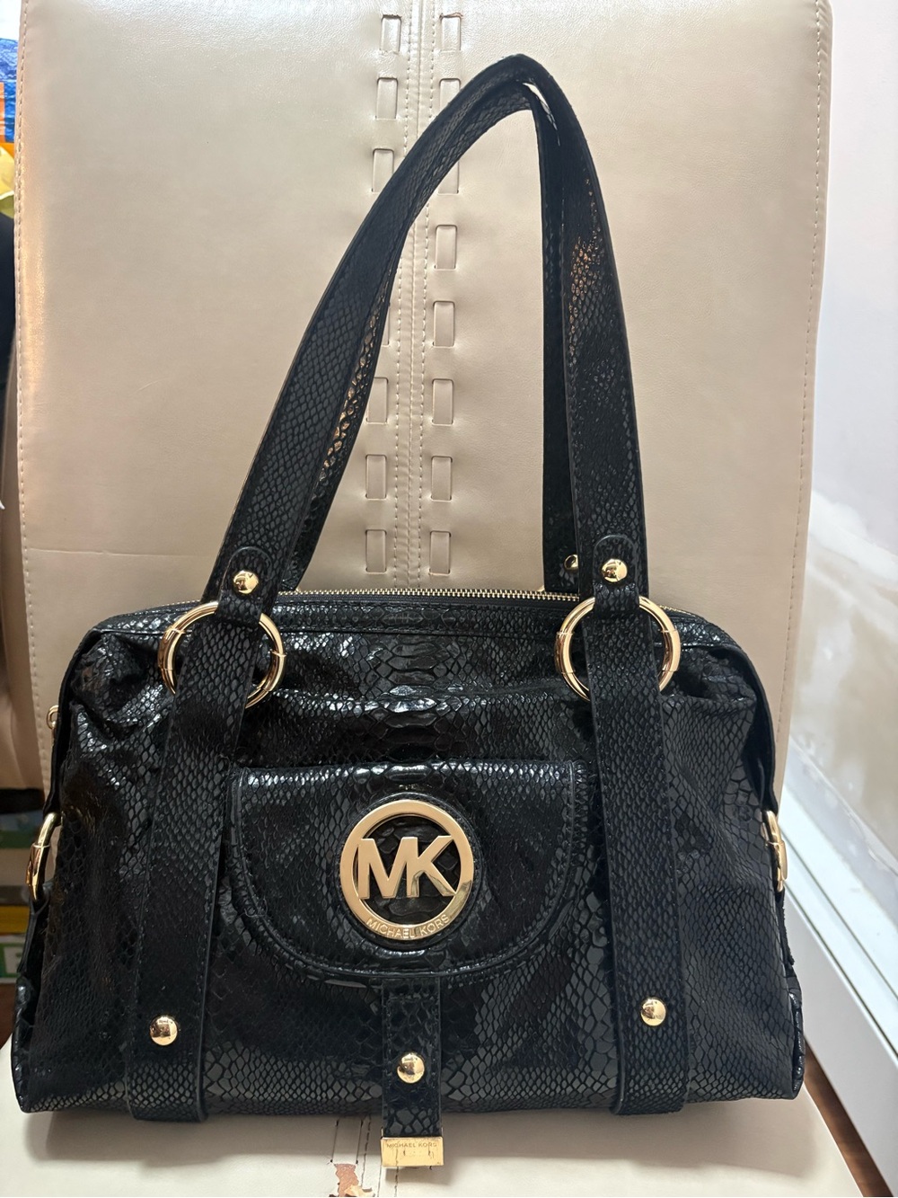 Michael Kors Black Snake-Embossed Shoulder Bag with Gold Hardware